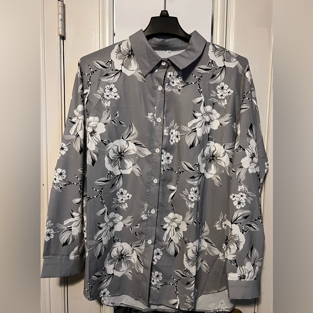 Gray and white floral shirt